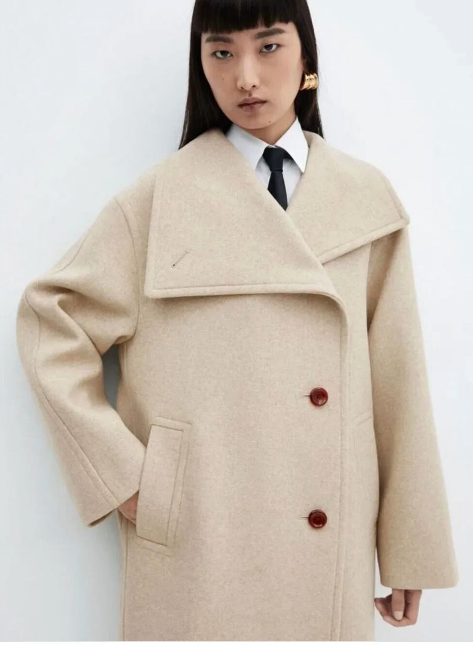 MNG Mango Women's Conguito Wide Lapel Button Front Midi Coat Beige XL